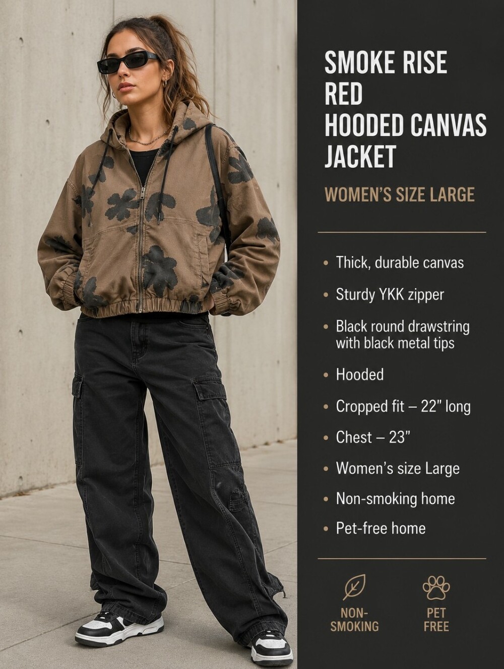 "Smoke Rise" RED Brown And Black Hooded Canvas Jacket - Women's Large